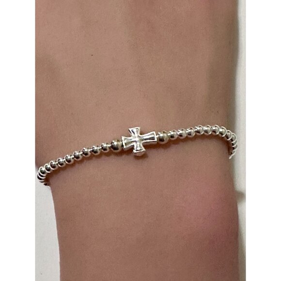 RAFANTHIA Jewelry - 925 Sterling Silver Beaded Stretch Stacking Bracelet Minimalist Cross Religious